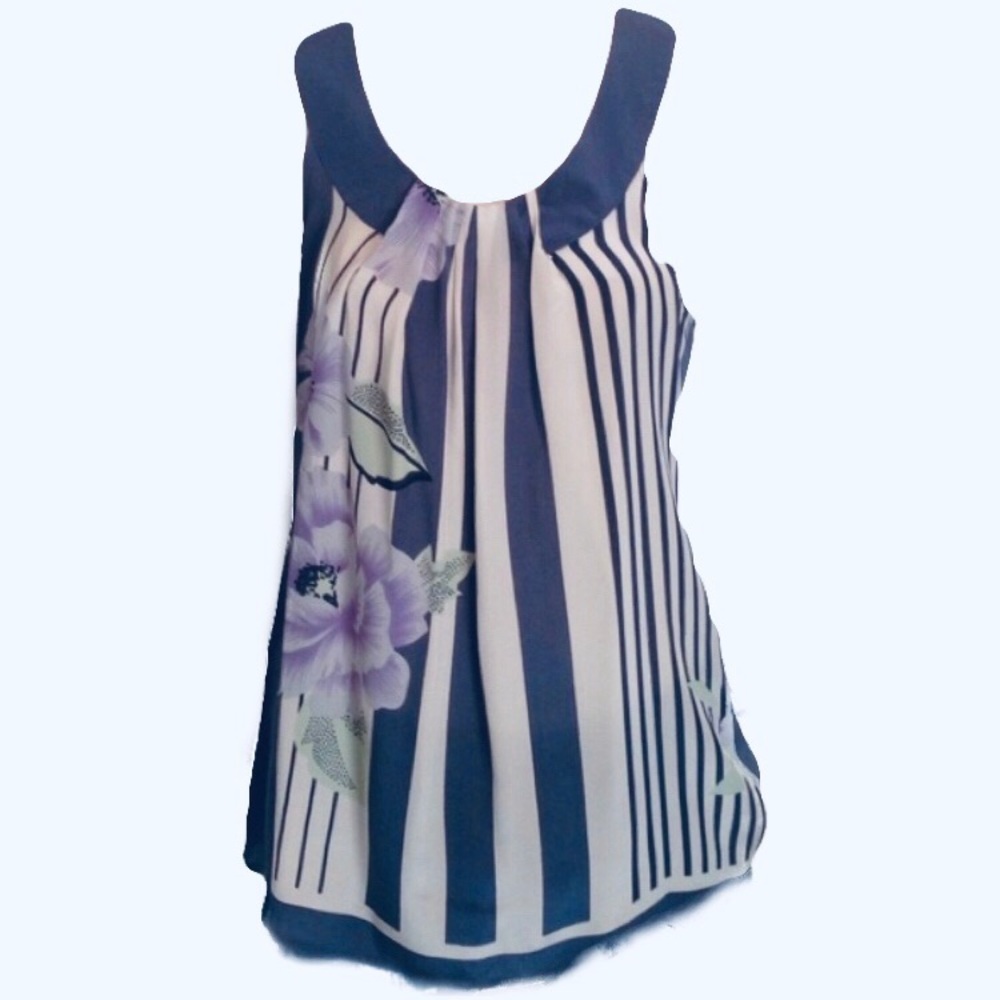 100% Silk Arden B Draped Tank Top Blouse Blue Floral Anthropologie
